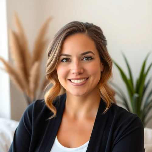 Rachael smiling, in a calm studio setting.